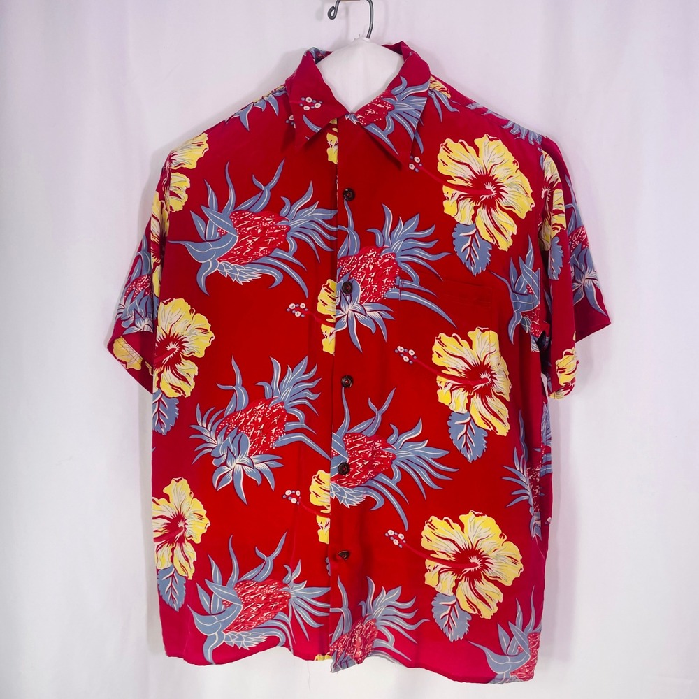 Vtg Avanti Silk Hawaiian Shirt Men's L Red Pineapple Hibiscus Aloha Button Down